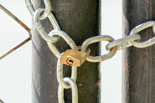 A lock and chain on Metal Fence that links of a gate. photo