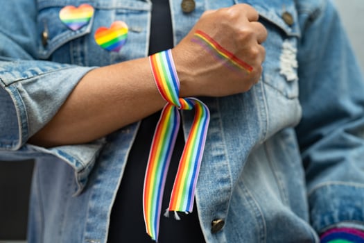 Asian lady wearing rainbow flag wristbands, symbol of LGBT pride month celebrate annual in June social of gay, lesbian, bisexual, transgender, human rights. photo