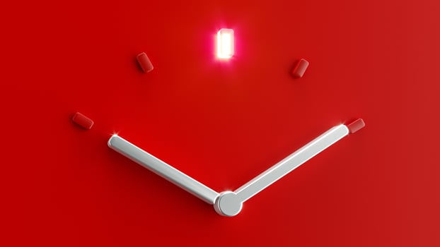 Red 3d Clock Time 10 o Clock and Ten past ten pm am Silver needle backlit dial light 3d illustration photo