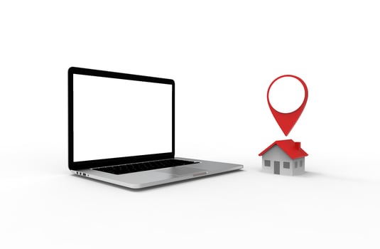 Location icon and house put on modern laptop isolated on white background. 3D Illustration. photo