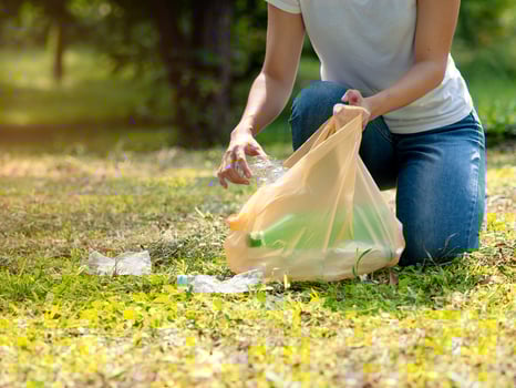 Volunteer women collect plastic water bottles in the park area photo