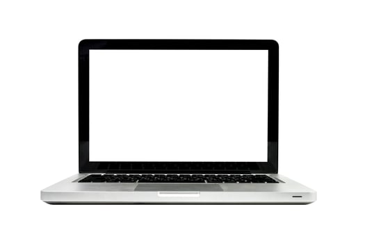 Clipping path. Close up of Laptop empty blank white screen isolated on white background view. Laptop isolatedview. Office and the business laptop on white background. Mockup photo