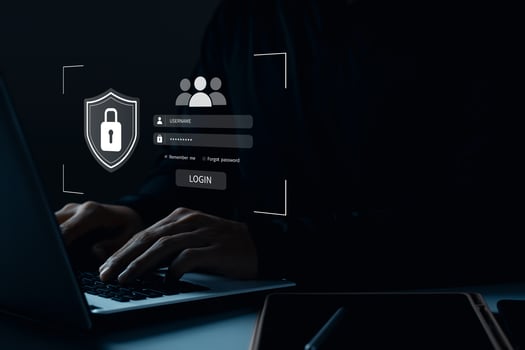 Cybersecurity and privacy concepts to protect data. Lock icon and internet network security technology. Businessmen protecting personal data on tablets and virtual interfaces. photo