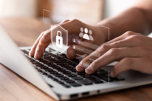 Cybersecurity and privacy concepts to protect data. Lock icon and internet network security technology. Businessmen protecting personal data on tablets and virtual interfaces. photo