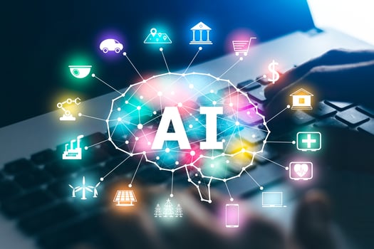 AI and IoT concepts of business, businessman working on a laptop computer for artificial intelligence polygon brain with icons of smart city Internet of Things, AI concept and IoT business. photo
