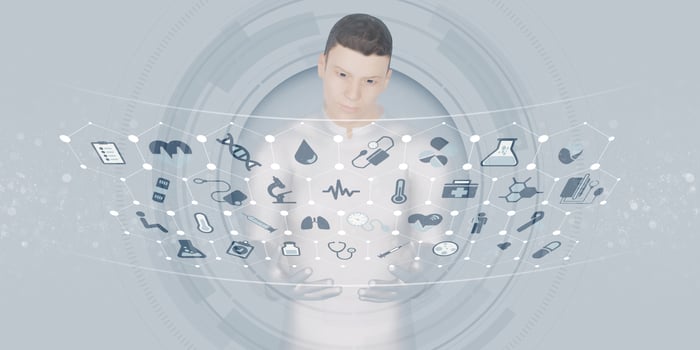Doctor and treatment hologram display Healthcare network innovation and technology 3d illustration photo