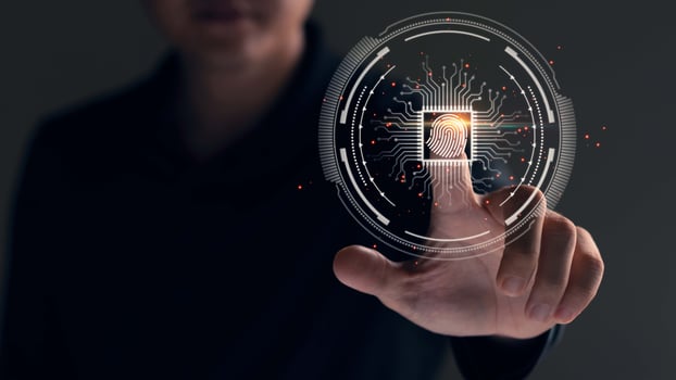 Security of future technology and Cybernetics on the Internet, finger scanning allows access to security and identification of big Data businesses, bank and Cloud Computers,AI. photo