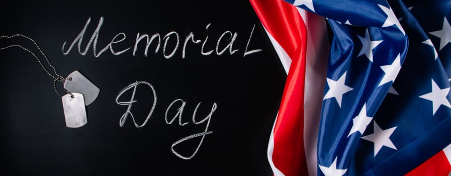 USA Memorial Day concept. American flag and dog tags on black background. Handwritten lettering on chalkboard. photo