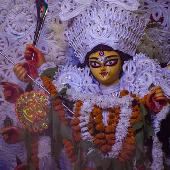 Goddess Durga with traditional look in close up view at a South Kolkata Durga Puja, Durga Puja Idol, A biggest Hindu Navratri festival in India photo