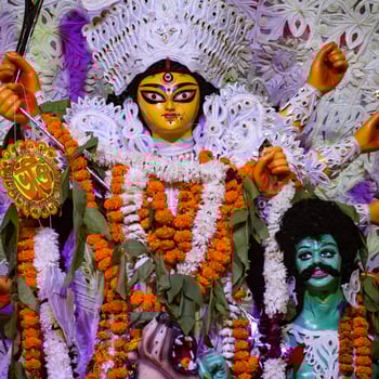 Goddess Durga with traditional look in close up view at a South Kolkata Durga Puja, Durga Puja Idol, A biggest Hindu Navratri festival in India photo