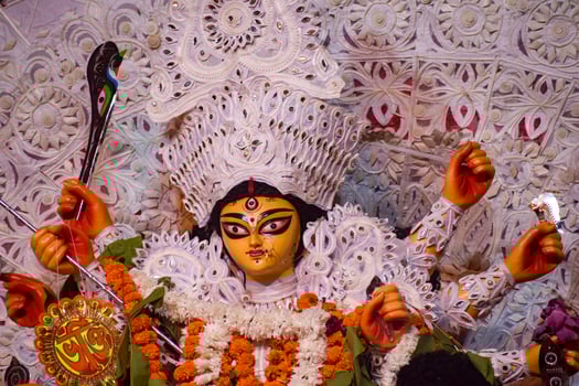 Goddess Durga with traditional look in close up view at a South Kolkata Durga Puja, Durga Puja Idol, A biggest Hindu Navratri festival in India photo