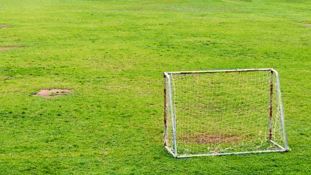 Old football goal on the lawn. photo