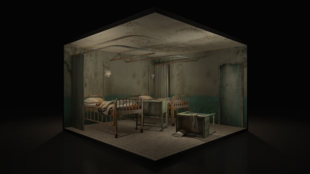 Horror and creepy ward room in the hospital with wheelchair.,3d illustration. photo