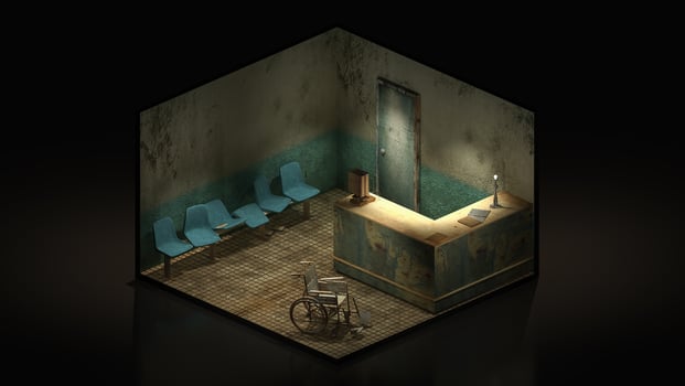 Horror and creepy seat waiting in front of the examination room in the hospital .3d illustration Isomatric. photo