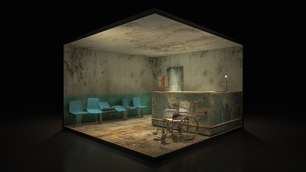 Horror and creepy seat waiting in front of the examination room in the hospital .3d illustration. photo