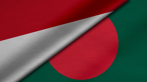 3D Rendering of two flags from Republic of Indonesia and People's Republic of Bangladesh together with fabric texture, bilateral relations, peace and conflict between countries, great for background photo