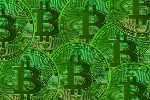 lot of green bitcoin from crypto currency at rising market photo