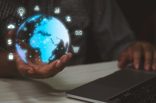 Man hand virtual world icon. Communication and use of modern Internet technology  Social Networking online marketing digital online.Business metaverse concept technology. photo