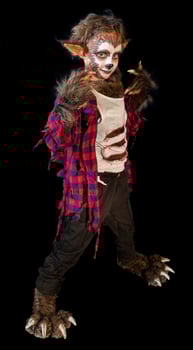 studio shot portrait of young boy in costume dressed as a Halloween, cosplay of scary werewolf pose on isolated black background photo