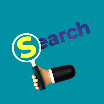 3d illustration of a hand holding a magnifying glass with search text photo