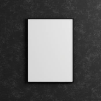 Modern and minimalist vertical black poster or photo frame mockup on the industrial black wall. 3d rendering.