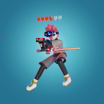 men jump use VR holding swords and guns. Play the game on the Earth of Metaverse. To receive Awards ,portrait, 3D, Render, illustration photo