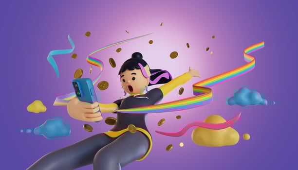 women holding a mobile phone jumping from the sky Crypto coins burst out of mobile screens. 3D, Render, illustration photo