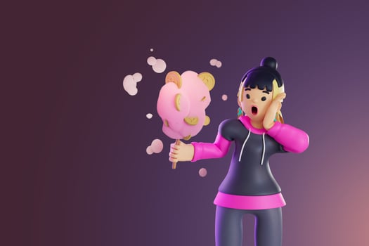 women holding cotton candy with crypto-cookie coins on it. 3D, Render, illustration photo