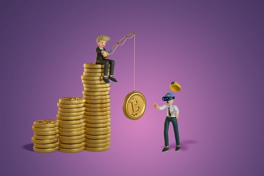 Men wearing vr are falling victim to crypto scams. with fishing rod 3D, Render, illustration photo