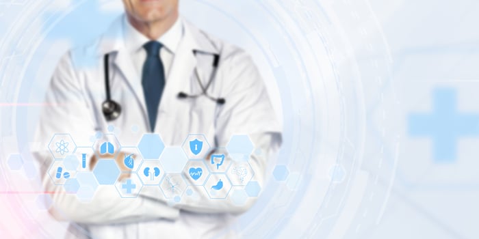 doctor and stethoscope in hand touch modern medical network icon Maintaining a connected virtual network 3D illustration photo