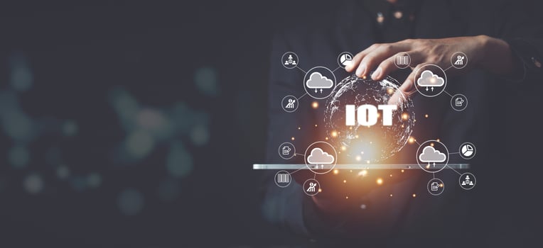 Businessman hand shows a block diagram of internet of things .  New Technologies and Business Process Strategies, Operations Automation, Customer Service Management, Cloud Computing. photo
