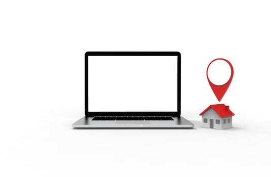 Location icon and house put on modern laptop isolated on white background. 3D Illustration. photo