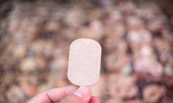 Hand holding wood tag with blurred background photo