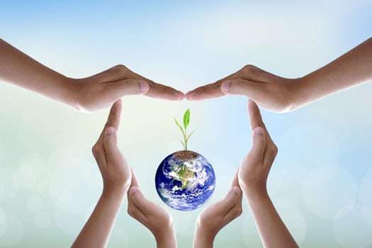 Human hand holding  tree and world on blurred nature background.World environment day. photo