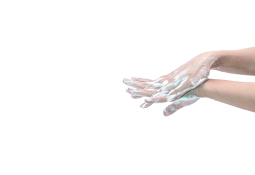 Woman washing hand with soap foam and water. Hand clean for good personal hygiene to prevent coronavirus or flu epidemic.Procedure of hand wash to kill germs, virus, bacteria. Cleaning dirty hands. photo