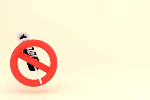 No syringe prohibition sign with copy space. 3d illustration of red crossed out circle sign with syringe icon inside. No vaccine symbol. Do not take drugs. Medical concept. photo