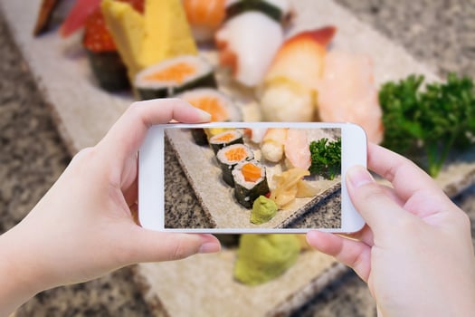 Taking photo of Japanese sushi set