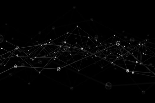Abstract digital glossy particles and lines connected 3d illustration on black background photo
