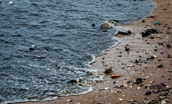 Beach environment pollution. Oil stains on the beach. Oil leak to the sea. Dirty water in the ocean. Water pollution. Harmful for animal in the ocean and sea environment. Sewage water. photo