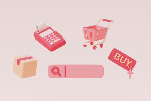 3D search bar with shopping cart,cash register and parcel box on pastel background,Online shopping,valentine's day sale concept ,digital marketing.3d rendering . photo