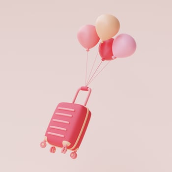 3d render of pink suitcase with balloons float isolated on pastel background,valentine's day sale concept,minimal style. photo
