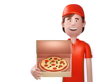 Pizza delivery courier in red uniform holding the box with pizza, 3d render photo