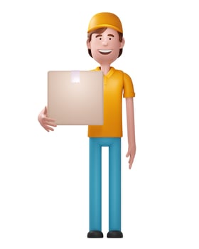 Smiling delivery guy holding a package. 3d render photo