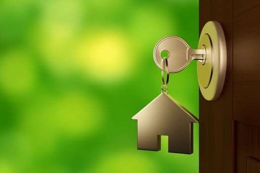 Silver house key in the door. 3d render photo