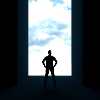 Young businessman looks in the glowing end. 3d render photo