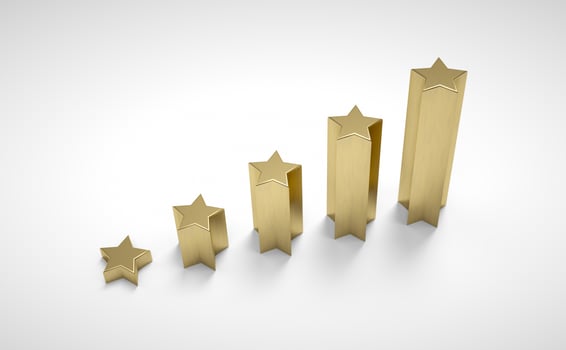 Quality rating five yellow stars on white. Famous level. 3D Rendering photo