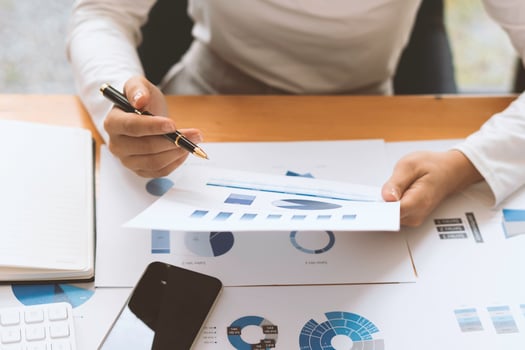strategy analysis concept, Businessman working financial Manager Researching Process accounting calculate analyse market graph data stock information review on the table in office. photo
