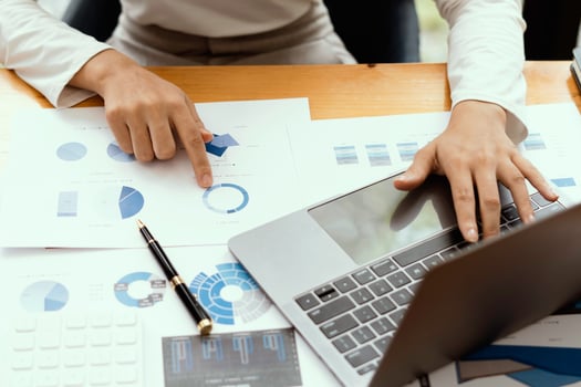 strategy analysis concept, Businessman working financial Manager Researching Process accounting calculate analyse market graph data stock information review on the table in office. photo