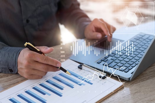 strategy analysis concept, Businessman working financial Manager Researching Process accounting calculate analyse market graph data stock information review on the table in office. photo
