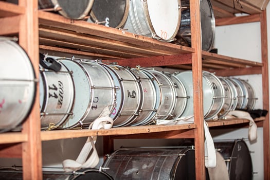 Backstage at the carnival. Warehouse with drums used in the carnival party. photo